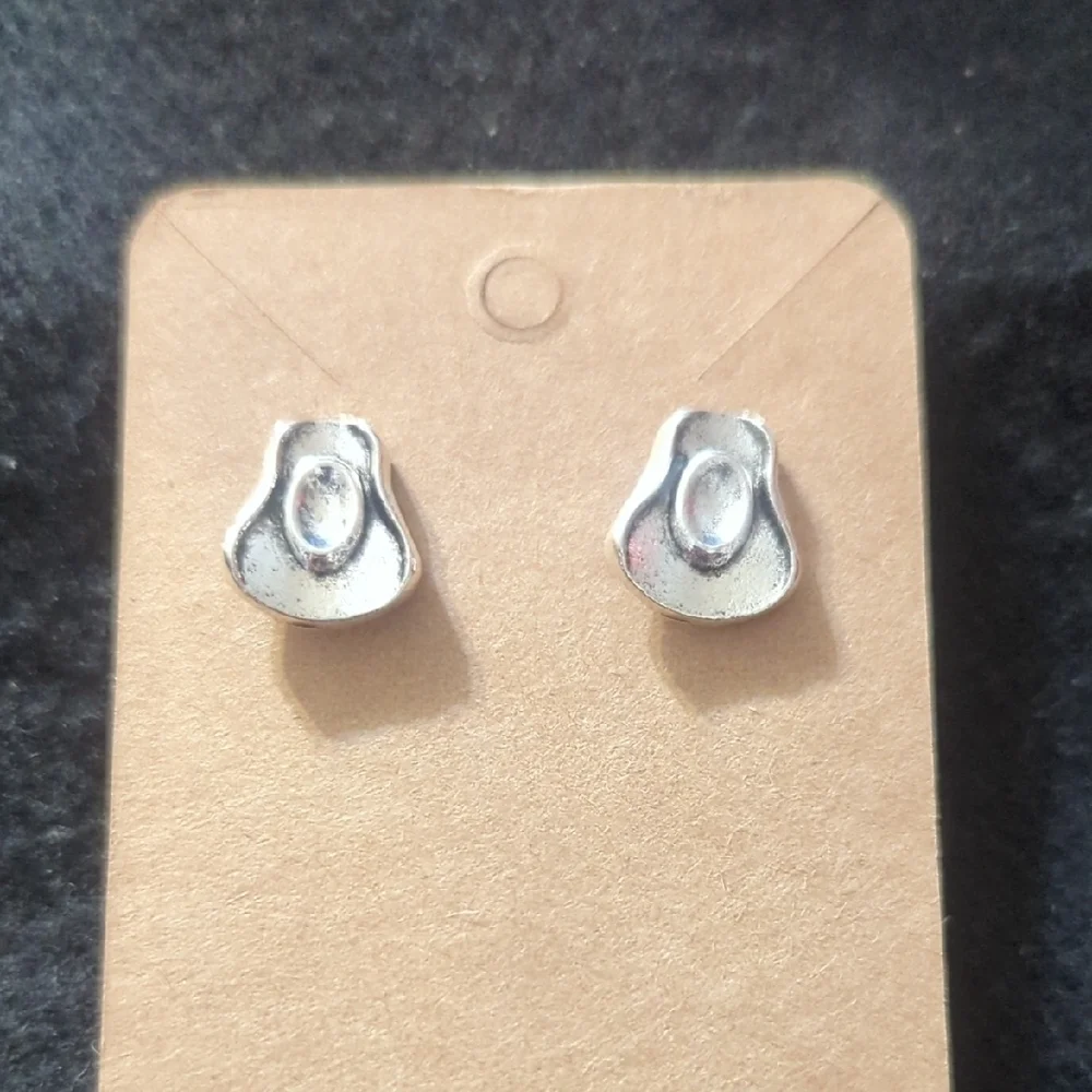 Silver Tone Cowboy Hat Dainty Delicate Stud Statement Earrings